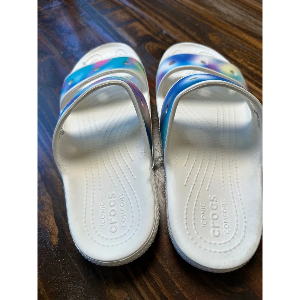 Crocs Classic Sandal White Multi Solarized Spray Two Strap Slide Men 7 Women 9 - Picture 3 of 10